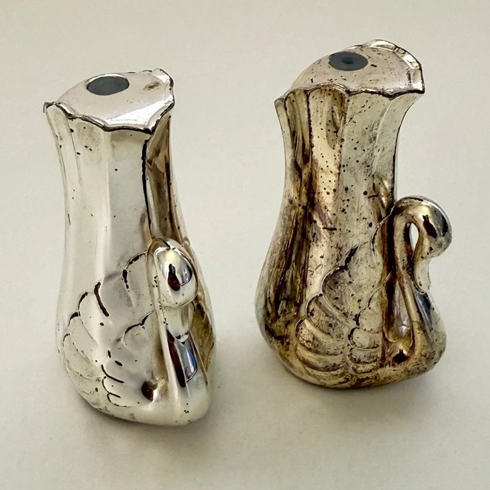 Vintage 90s Swan Salt And Pepper Shakers Silver Plated Collectible Retro 1.5